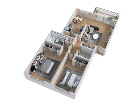 Floor plan for 2 beds, 1.3 baths, 940 sqft